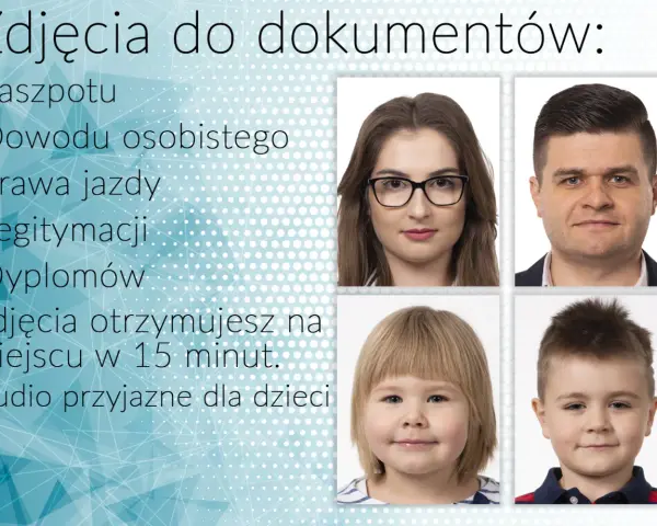 Zdjęcia do dowodu osobistego w okularach? Tak! Na zdjęciu widzimy cztery portrety: kobieta w okularach, mężczyzna, dziewczynka i chłopiec.