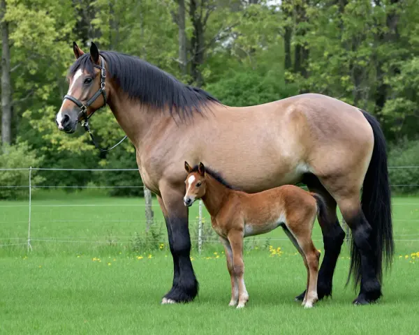 Un majestueux cheval de trait noir se tient aux côtés de son poulain brun dans un pré verdoyant.