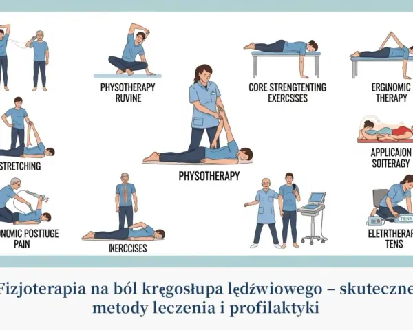 Ilustracje przedstawiające różne ćwiczenia fizjoterapeutyczne i terapie na ból kręgosłupa.