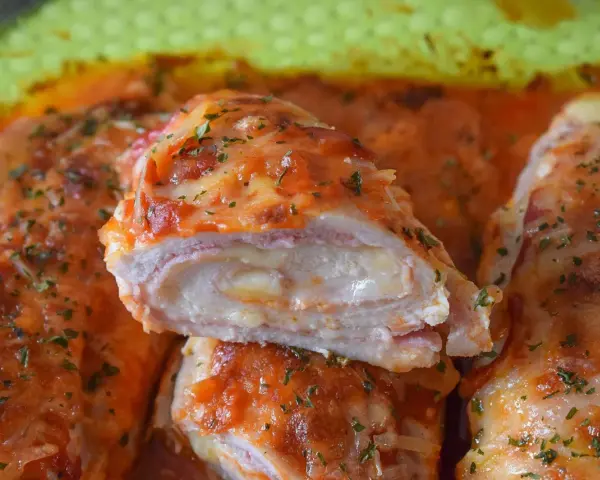 Pechugas de pollo rellenas de queso y jamón, cubiertas con salsa de tomate y queso gratinado, espolvoreadas con perejil fresco.