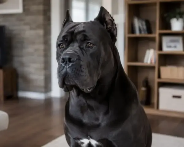 Potężny czarny pies rasy Cane Corso siedzi w salonie. Zastanawiasz się, ile kosztuje Cane Corso?