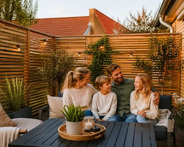 Familj njuter av kvällen på altanen bakom ett snyggt insynsskydd.