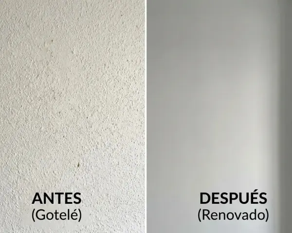 Antes (gotelé) y después (renovado). Se puede poner papel pintado en gotele para un acabado liso.