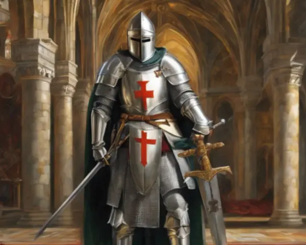 Rycerze Chrystusa w lśniących zbrojach, z mieczami i tarczami, stoją w majestatycznej katedrze.
