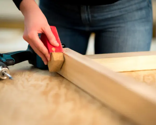 Eine Hand schleift mit einem roten Schleifklotz ein Holzstück. Daneben liegt ein Akkuschrauber.
