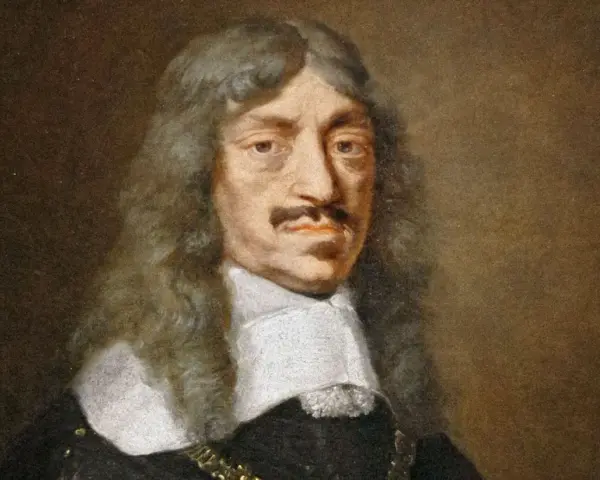 Portret króla polskiego Jana Kazimierza, który walczył z potopem szwedzkim. Długie włosy, wąsy i biały kołnierz.