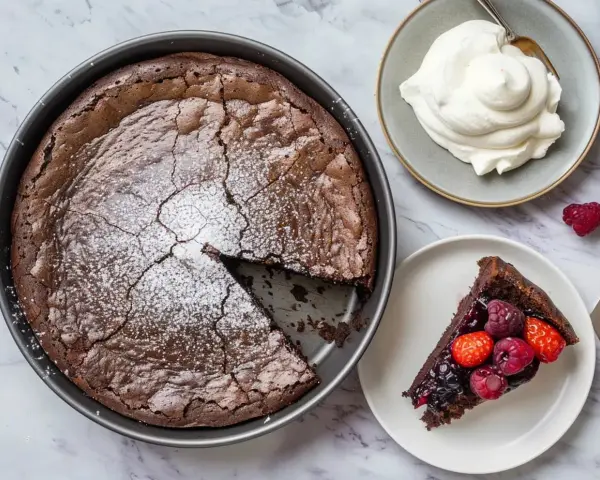 En saftig snabb kladdkaka i form, pudrad med florsocker. En bit serveras med bär och vispgrädde.