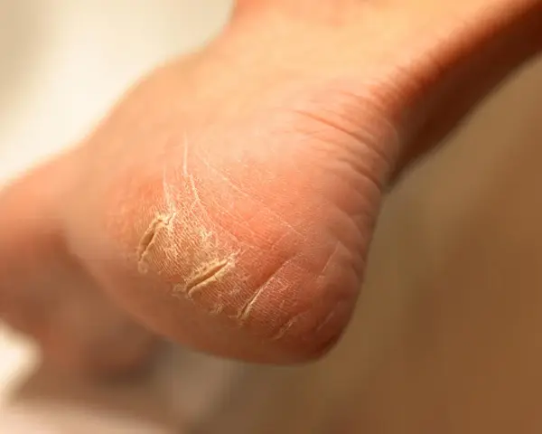 Gros plan sur un talon qui pele, la peau sèche et craquelée formant des sillons profonds.