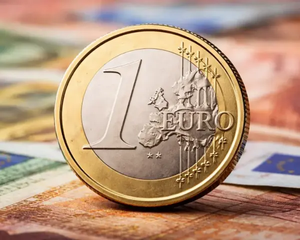 Une pièce de 1 euro 1999, bicolore, posée sur des billets en euros.