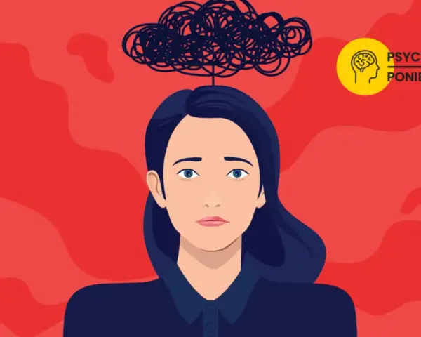 Ilustracja kobiety z kłębkiem czarnych myśli nad głową na czerwonym tle.