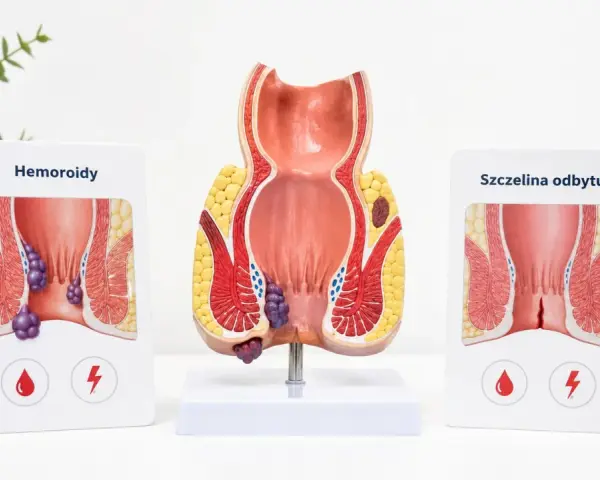 Model anatomiczny odbytu z zaznaczonymi hemoroidami. Choć obrazek dotyczy dorosłych, problem hemoroidów u dzieci również istnieje.