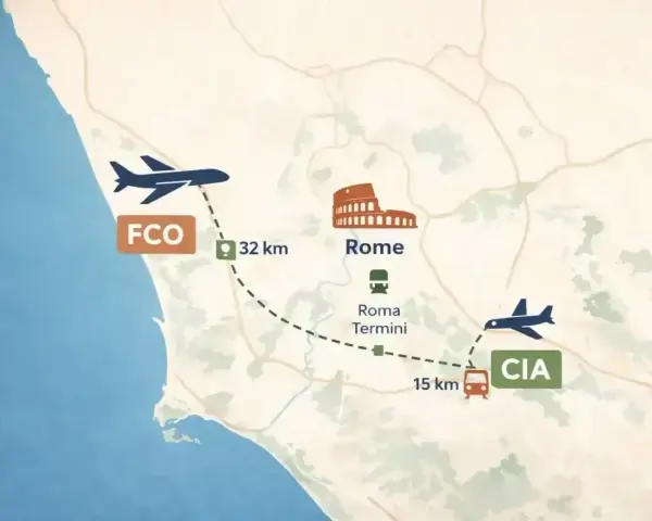 Mapa pokazuje lotniska w Rzymie: FCO (32 km od centrum) i CIA (15 km od Roma Termini).