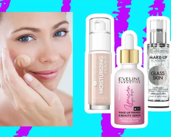 Kobieta aplikuje podkład, obok kosmetyki: baza pod makijaż Eveline Unicorn, nawilżający primer i baza pod makijaż Bielenda Glass Skin.