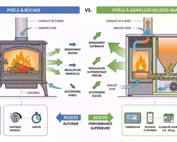 Comparaison poêle à bûches vs. poêle à granulés. Le poêle à granulés offre une meilleure autonomie et régulation automatique. La dimension poele a granule est optimisée pour le stockage.