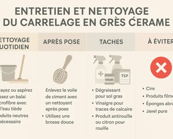 Guide d'entretien pour le nettoyage de carrelage neuf : quotidien, après pose, taches et produits à éviter.