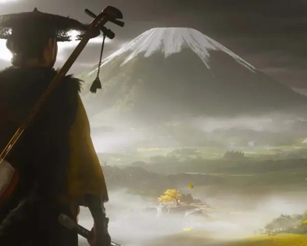 Un samurái con un shamisen a la espalda contempla un paisaje brumoso con el Monte Fuji al fondo. Podría ser una escena de Ghost of Tsushima 2.