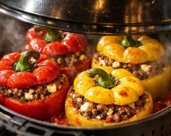 Gefüllte Paprikaschoten im Airfryer, dampfend und bereit zum Genuss. Rote und gelbe Paprika mit einer herzhaften Hackfleischfüllung.