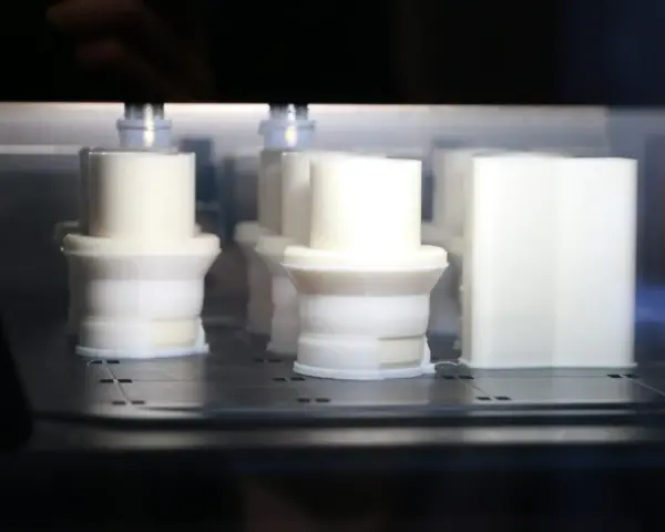 Białe obiekty w drukarce 3D, z widocznym elementem przypominającym 3d print raft, tworzą się warstwa po warstwie.