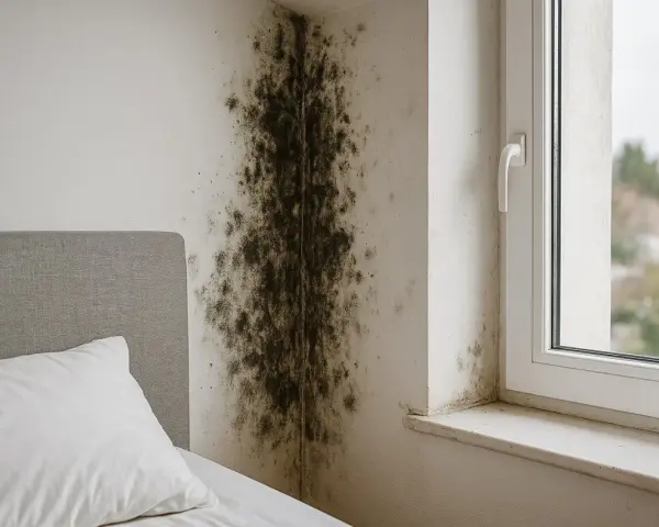 Un coin de chambre envahi par la moisissure sur le mur, près d'un lit et d'une fenêtre.