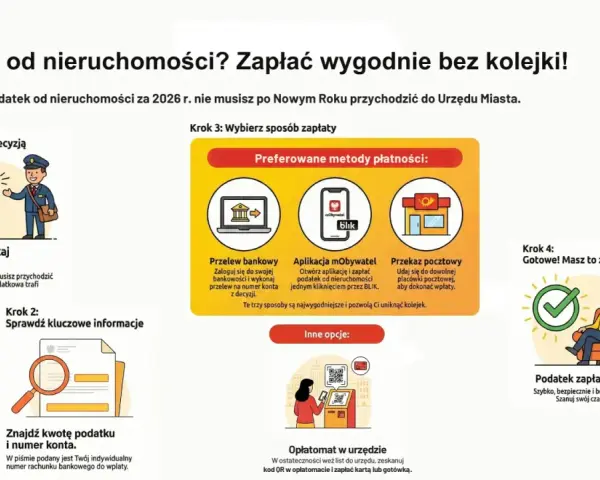 Ilustracja pokazuje 4 kroki do zapłaty podatku od nieruchomości: odbiór decyzji, sprawdzenie danych, wybór metody płatności (przelew, aplikacja, poczta, opłatomat) i potwierdzenie zapłaty.