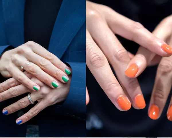 Manicure bicolore con blu e verde, e unghie arancioni vivaci: idee per il colore unghie estate.