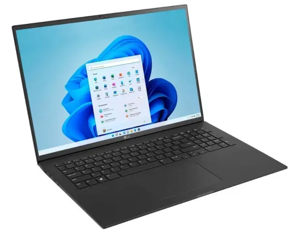 Czarny laptop LG z ekranem wyświetlającym menu startowe Windows 11. Czy warto zainwestować w ten system?