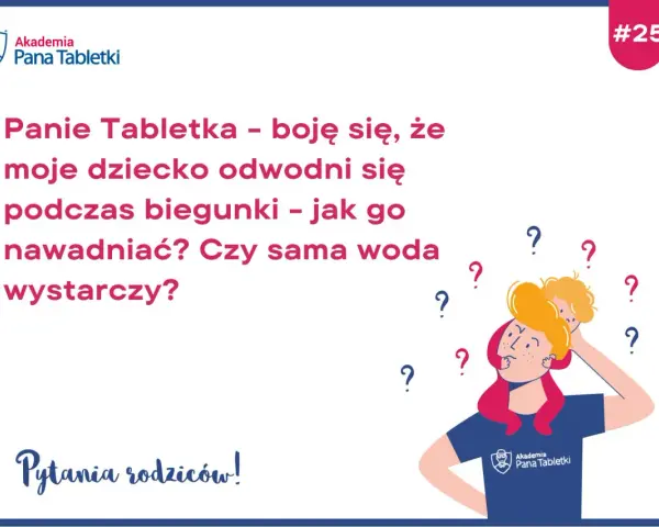 Rodzic pyta, co pić przy biegunce, by nawodnić dziecko. Czy sama woda wystarczy? Ilustracja z pytaniami i zmartwioną mamą z dzieckiem na ramieniu.