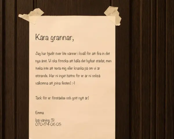 Inbjudan till grannarna om en trevlig tema nyårsfest. Emma ber om förståelse för eventuellt oväsen och välkomnar dem att joina.