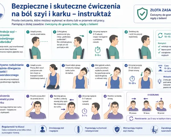 Ćwiczenia na ból szyi i karku: retrakcja szyi, rozluźnianie mięśni, ćwiczenia izometryczne. Pomagają zniwelować kłucie w szyi.
