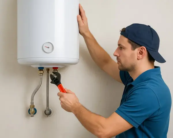 Técnico realizando la instalacion termo electrico de un calentador de agua con una llave inglesa.