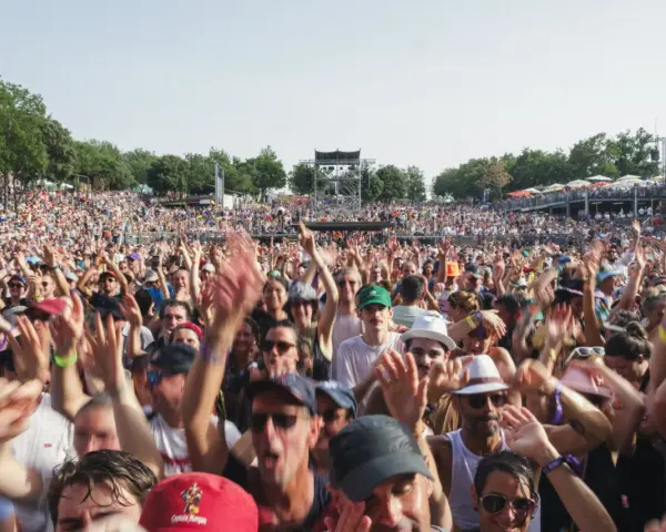Foule en délire à un concert, mains levées. Certains portent un bouchon oreille sifflement pour se protéger du bruit assourdissant.