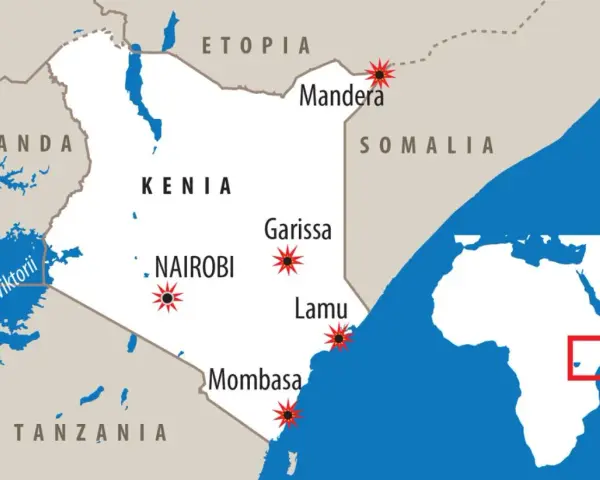 Mapa Kenii z zaznaczonymi miastami: Nairobi, Mombasa, Garissa, Lamu i Mandera. Widać też Jezioro Wiktorii i fragment Tanzanii, Ugandy, Etiopii i Somalii.