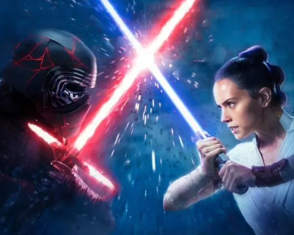 Kylo Ren i Rey, dwójka walczących ze sobą **jedi**, krzyżują miecze świetlne w epickim starciu.