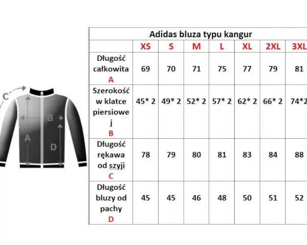 Tabela rozmiarów bluz Adidas z zaznaczonymi wymiarami A, B, C, D.