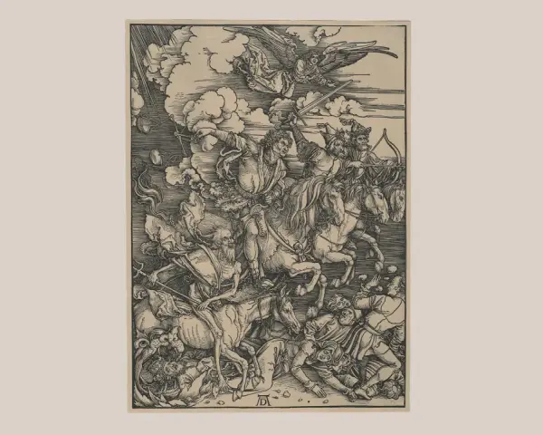 Albrecht Dürer: Czterej Jeźdźcy Apokalipsy. Groza i chaos na drewnie, gdy jeźdźcy niosą zagładę, a anioł zsyła gniew.