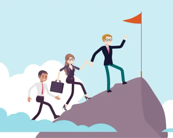 Teamwork in nonprofit management: a leader helps colleagues ascend a mountain to reach a flag, symbolizing shared goals and success.