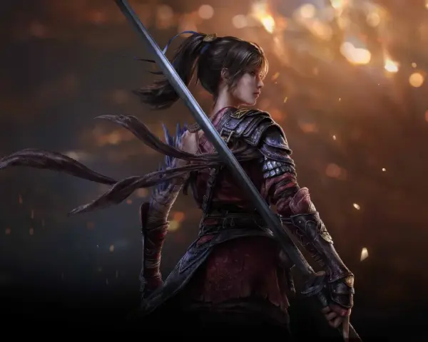 Una guerrera con armadura y espada, lista para la acción en Lies of P.