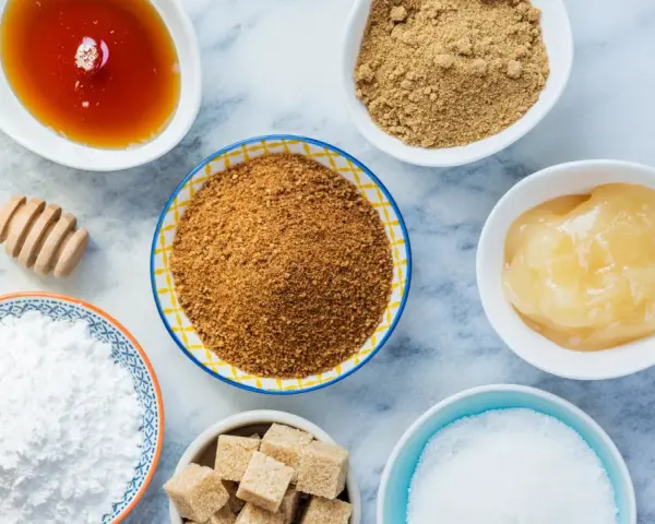 Verschiedene Süßungsmittel: Honig, brauner Zucker, Puderzucker und Würfelzucker. Hier finden Sie Alternativen, wenn Sie braunen Zucker ersetzen möchten.