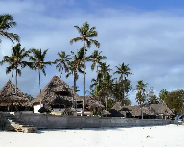 Rajskie plaże Zanzibaru, palmy i domki z krytymi strzechą dachami. Przed wyjazdem warto pomyśleć o zanzibar szczepienia.