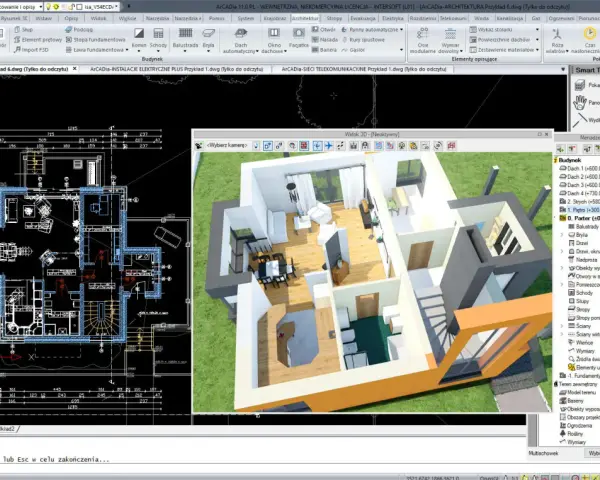 Program dla architektów: widok planu parteru i wizualizacja 3D domu, z panelem projektu po prawej.