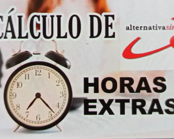 Cálculo de horas extras con reloj y logo de "alternativasindical".