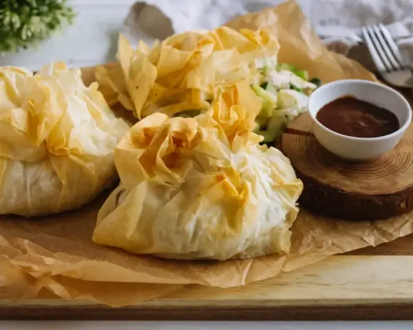 Délicieux feuilletés de pâte filo, parfaits pour une recette facile et rapide. Accompagnés d'une sauce savoureuse.