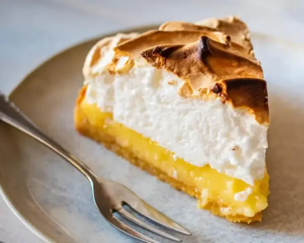 Rebanada de lemon pie con merengue dorado y relleno cremoso, lista para ser disfrutada con un tenedor.