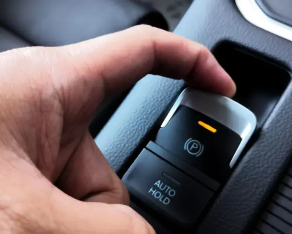 Dłoń naciska przycisk elektrycznego hamulca postojowego. Pomoc w zrozumieniu, jak wyłączyć elektryczny hamulec postojowy.