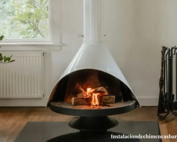Chimenea moderna con fuego encendido, rodeada de elementos decorativos y un juego de herramientas. Un ejemplo de estufas seguras para tu hogar.