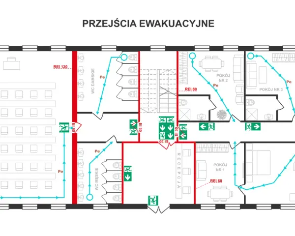 Plan ewakuacyjny z zaznaczonymi drogami, które prowadzą do wyjście ewakuacyjne.