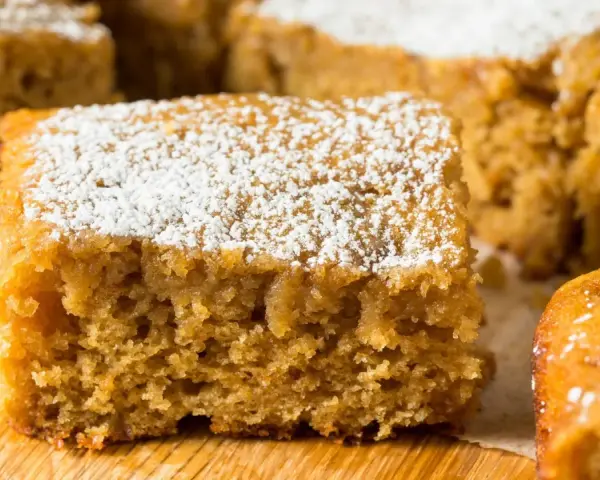 Saftiger Kuchen, bestäubt mit Puderzucker. Ein schneller Genuss, der Lust auf mehr macht.