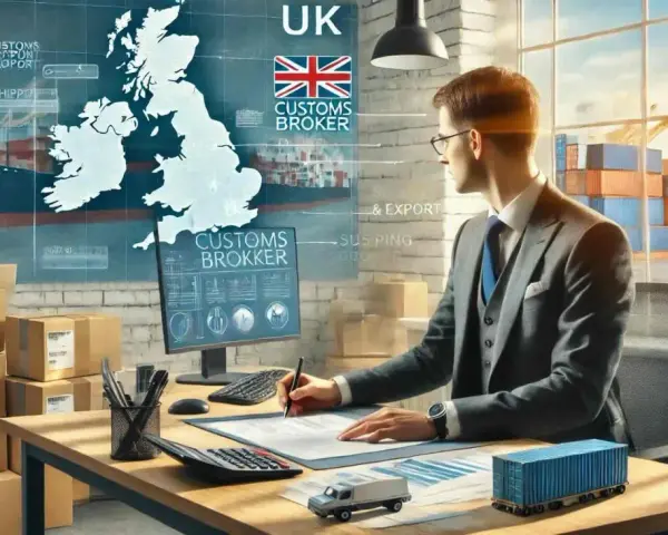 Mężczyzna w garniturze pracuje nad dokumentami, planując odprawy celne UK. Na ekranie mapa Wielkiej Brytanii i symbole transportu.