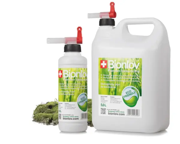 Dwa opakowania ekologicznego paliwa do biokominków Bionlov, jedno 10L, drugie 5L, z zielonym logo "Eco Friendly".