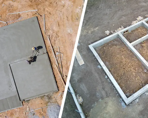 Dwa etapy budowy: wylewana płyta fundamentowa i gotowy fundament z betonu.